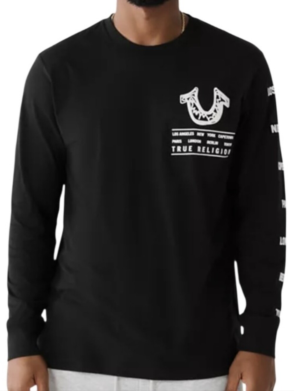 True Religion Men Long-Sleeve Logo World Tour Graphic Tee - Black & White Size M